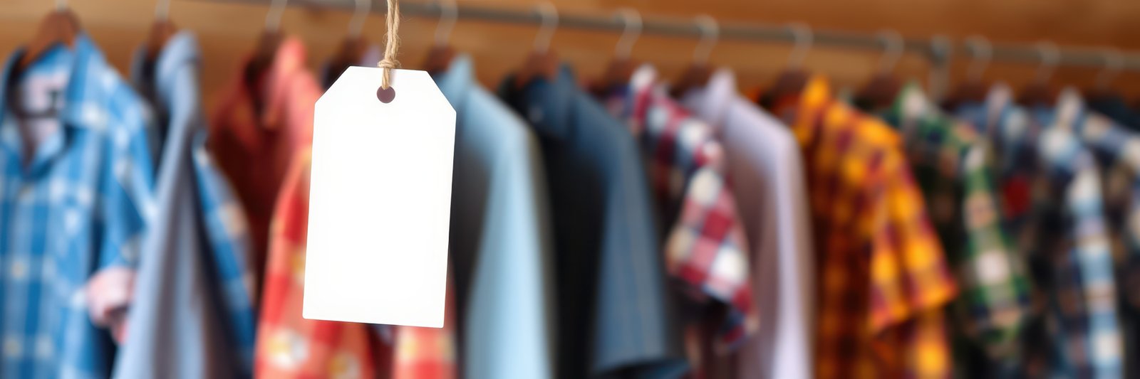 Colorful plaid shirts hanging on display with a blank price tag in a trendy boutique in the early afternoon
